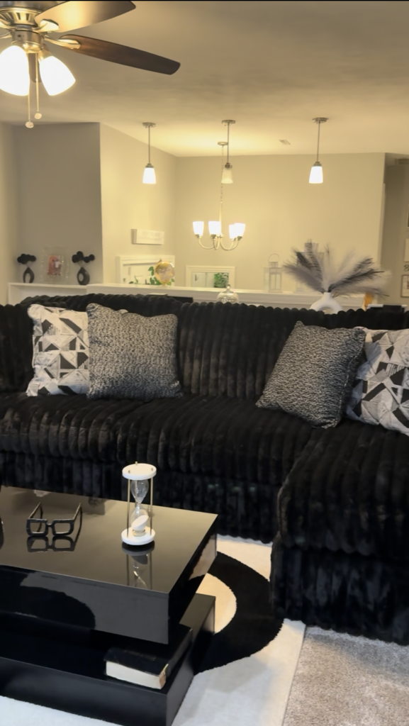 Wayfair Living Room Glow-Up (Budget Friendly) black LED coffee table modern living room decor glossy table styling