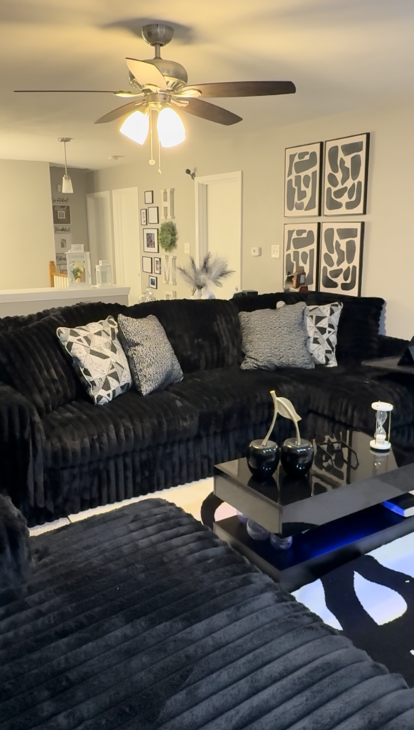 Wayfair Living Room Glow-Up (Budget Friendly) black LED coffee table modern living room decor glossy table styling