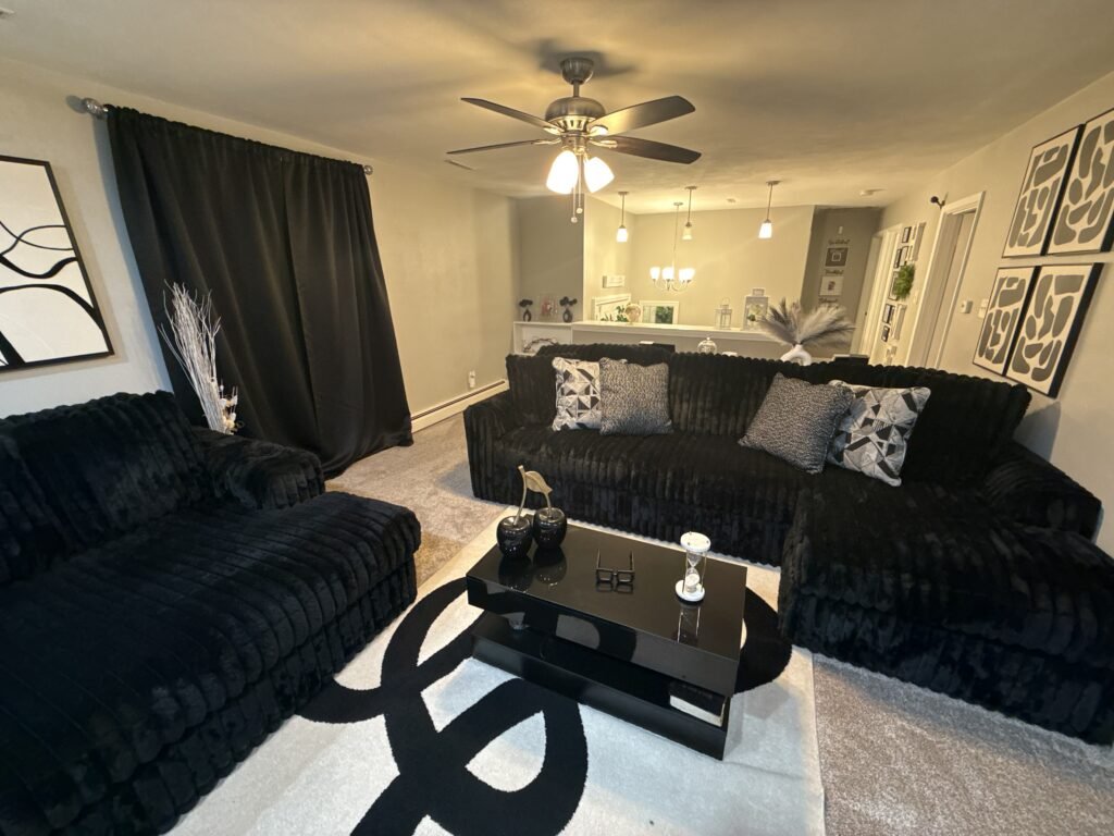 Home modern black living room glow up with wayfair rug LED coffee table and fireplace tv stand